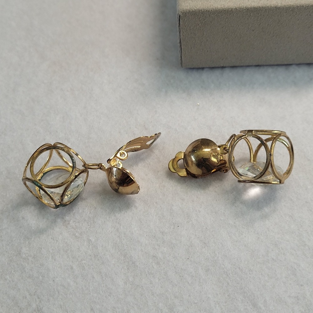 Gold Tone Clip On Earrings Crystal Cage Geometric Mid-Century Modernist